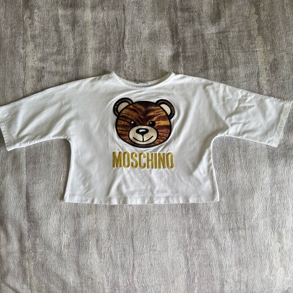 Moschino Kids White and Brown Bear Long Sleeve Tee, Size 8